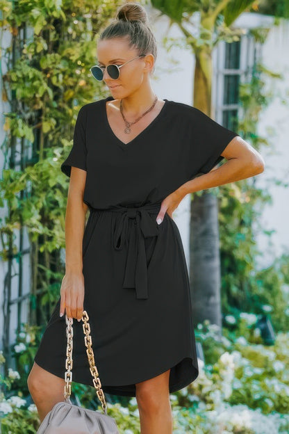 V Neck Waist Tie Solid A Line Dress - All Season Fashion
