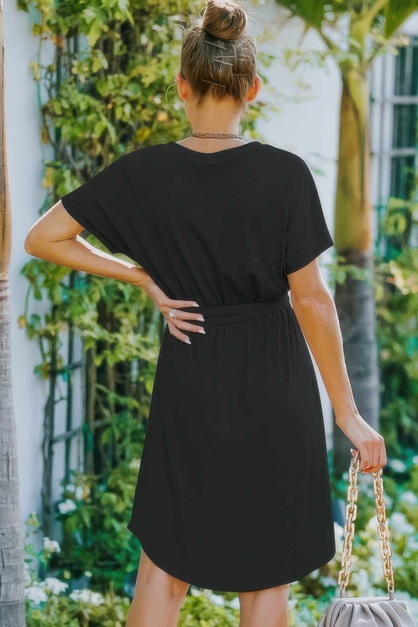 V Neck Waist Tie Solid A Line Dress - All Season Fashion