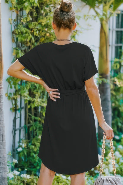V Neck Waist Tie Solid A Line Dress - All Season Fashion