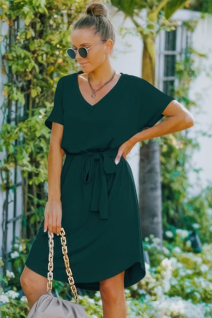V Neck Waist Tie Solid A Line Dress - All Season Fashion