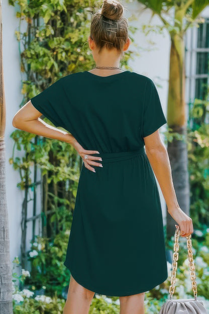 V Neck Waist Tie Solid A Line Dress - All Season Fashion