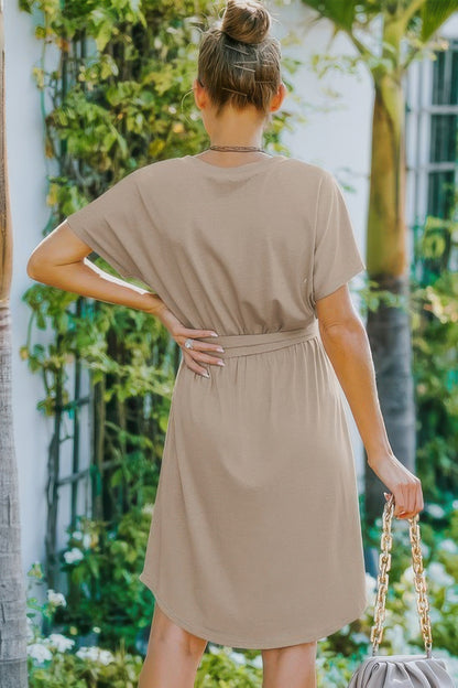 V Neck Waist Tie Solid A Line Dress - All Season Fashion