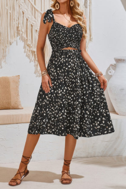 Square Neck Leopard Cut Out Elastic Waist Dress - All Season Fashion