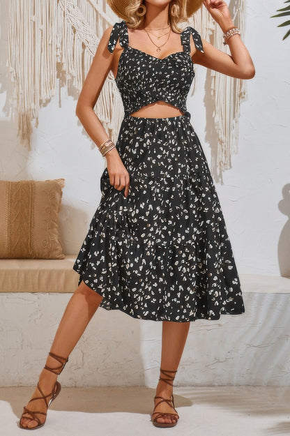 Square Neck Leopard Cut Out Elastic Waist Dress - All Season Fashion
