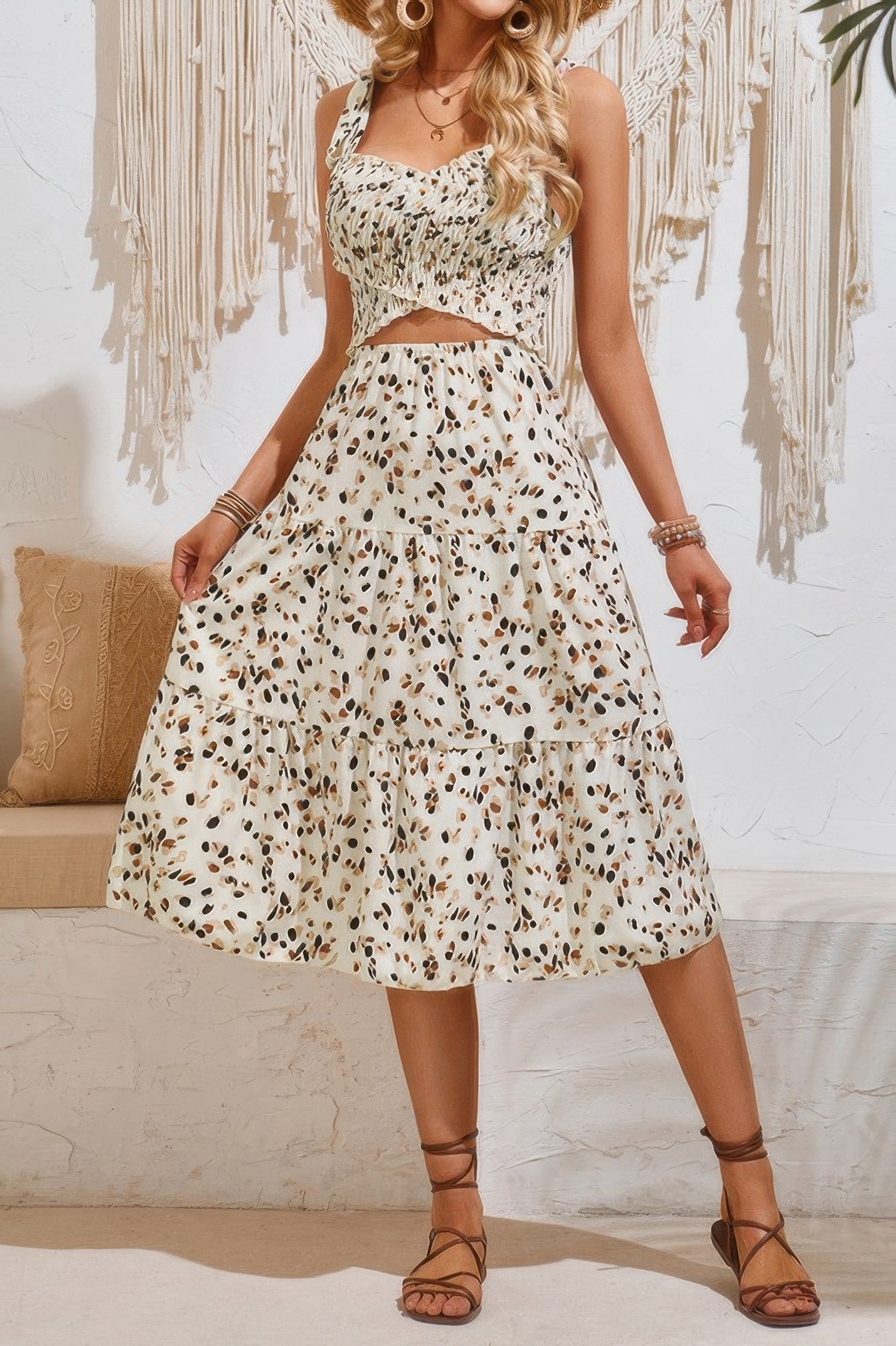Square Neck Leopard Cut Out Elastic Waist Dress - All Season Fashion