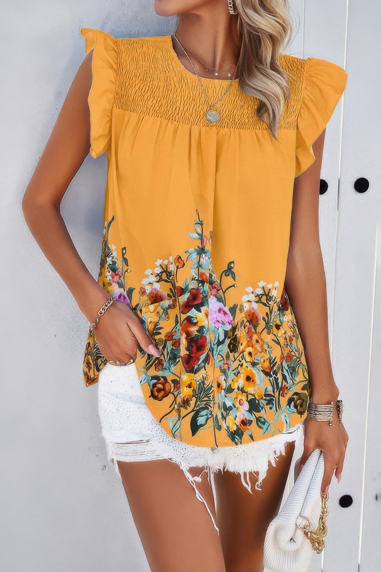 Floral Print Round Neck Ruched Loose Fit Top - All Season Fashion