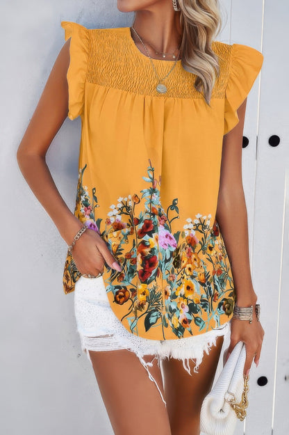 Floral Print Round Neck Ruched Loose Fit Top - All Season Fashion