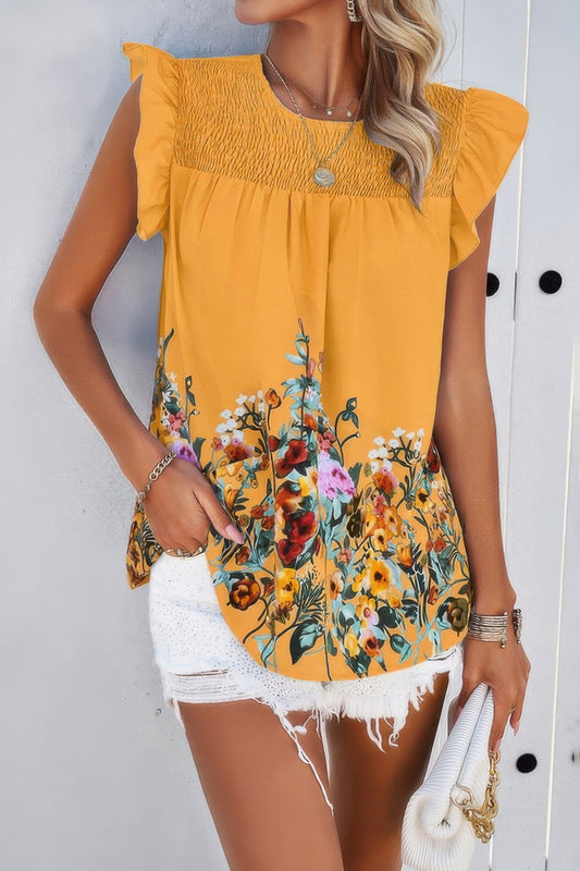 Floral Print Round Neck Ruched Loose Fit Top - All Season Fashion