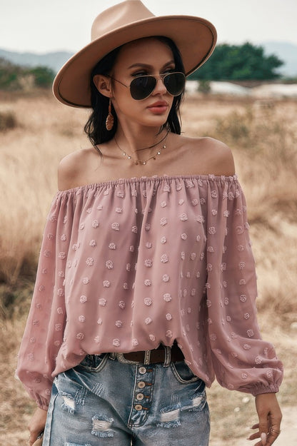 Off Shoulder Swiss Dot Long Sleeve Loose Top - All Season Fashion