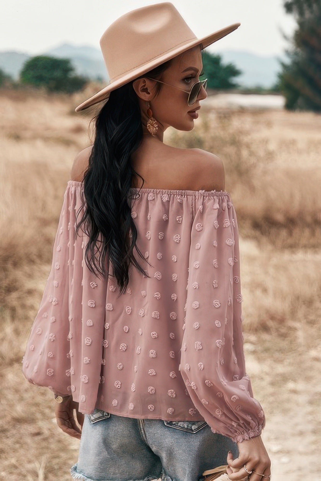 Off Shoulder Swiss Dot Long Sleeve Loose Top - All Season Fashion