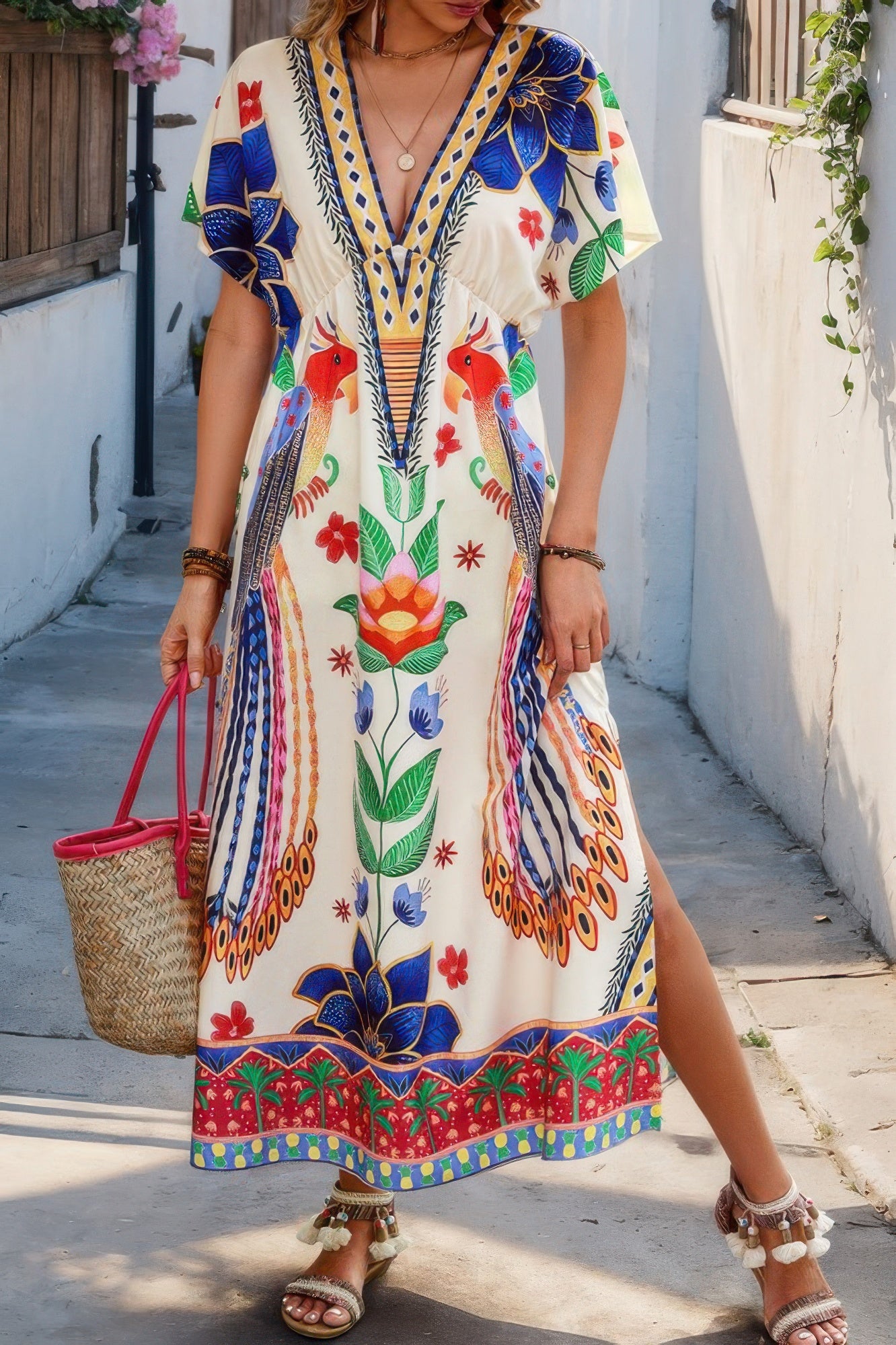 Floral Deep V Neck Batwing Sleeve Fit Dress - All Season Fashion
