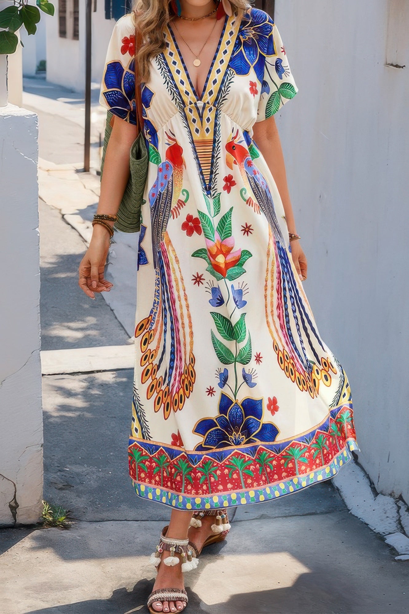 Floral Deep V Neck Batwing Sleeve Fit Dress - All Season Fashion