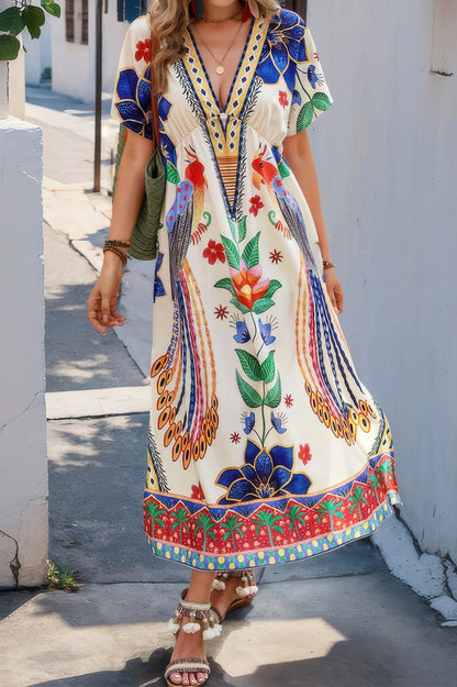 Floral Deep V Neck Batwing Sleeve Fit Dress - All Season Fashion