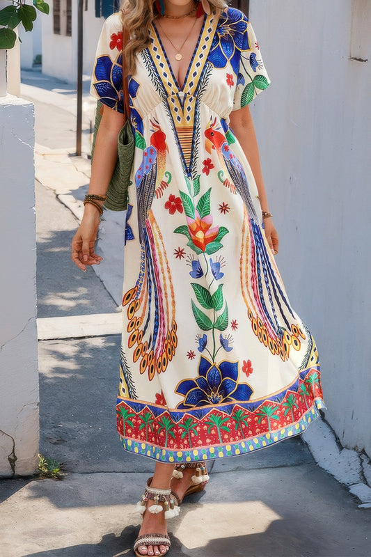 Floral Deep V Neck Batwing Sleeve Fit Dress - All Season Fashion