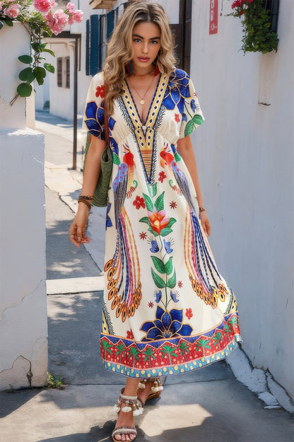 Floral Deep V Neck Batwing Sleeve Fit Dress - All Season Fashion