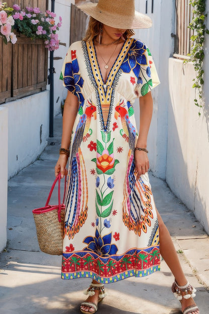 Floral Deep V Neck Batwing Sleeve Fit Dress - All Season Fashion