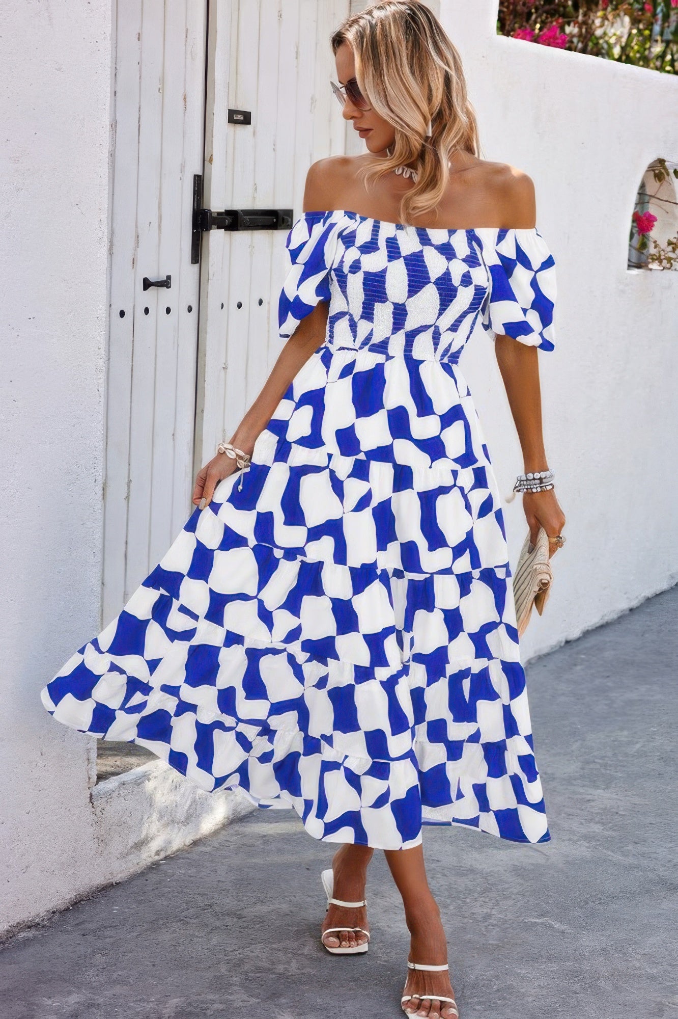 Allover Print Off Shoulder Ruched Ruffle Dress - All Season Fashion