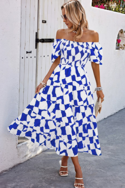 Allover Print Off Shoulder Ruched Ruffle Dress - All Season Fashion