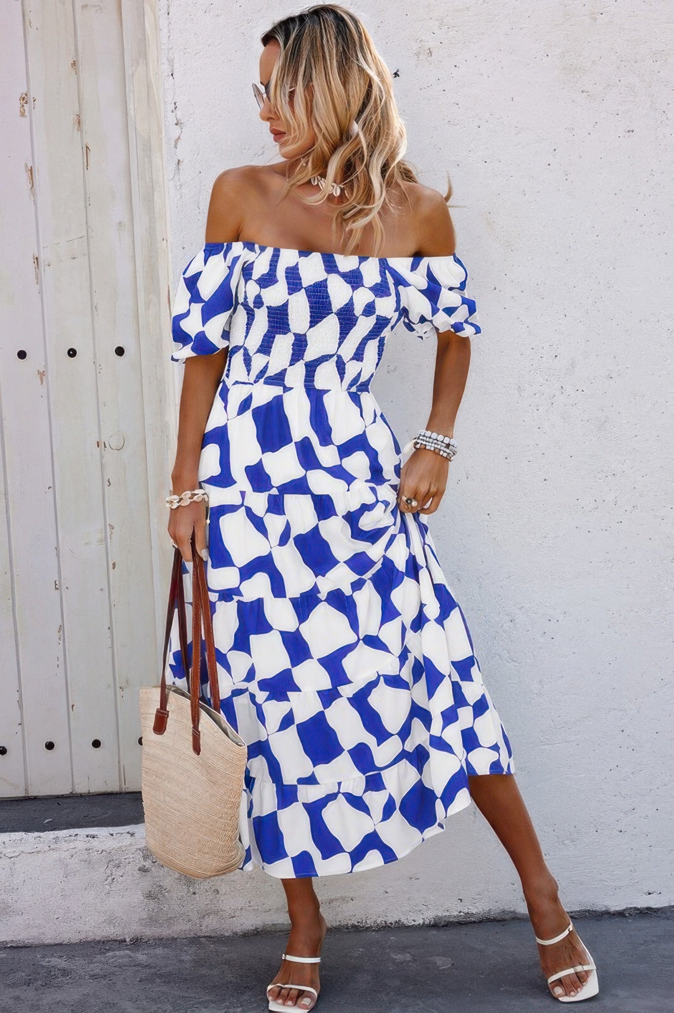 Allover Print Off Shoulder Ruched Ruffle Dress - All Season Fashion