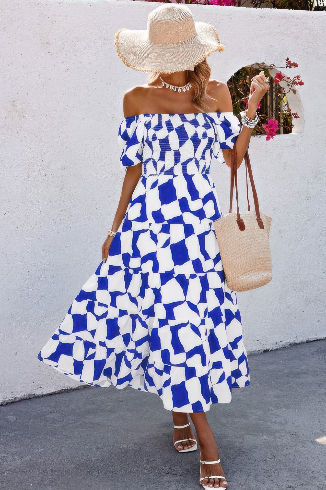 Allover Print Off Shoulder Ruched Ruffle Dress - All Season Fashion