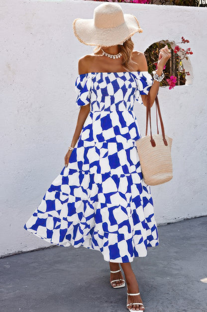 Allover Print Off Shoulder Ruched Ruffle Dress - All Season Fashion