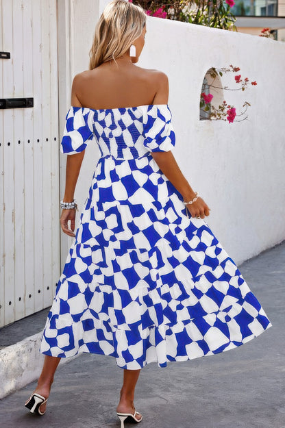 Allover Print Off Shoulder Ruched Ruffle Dress - All Season Fashion