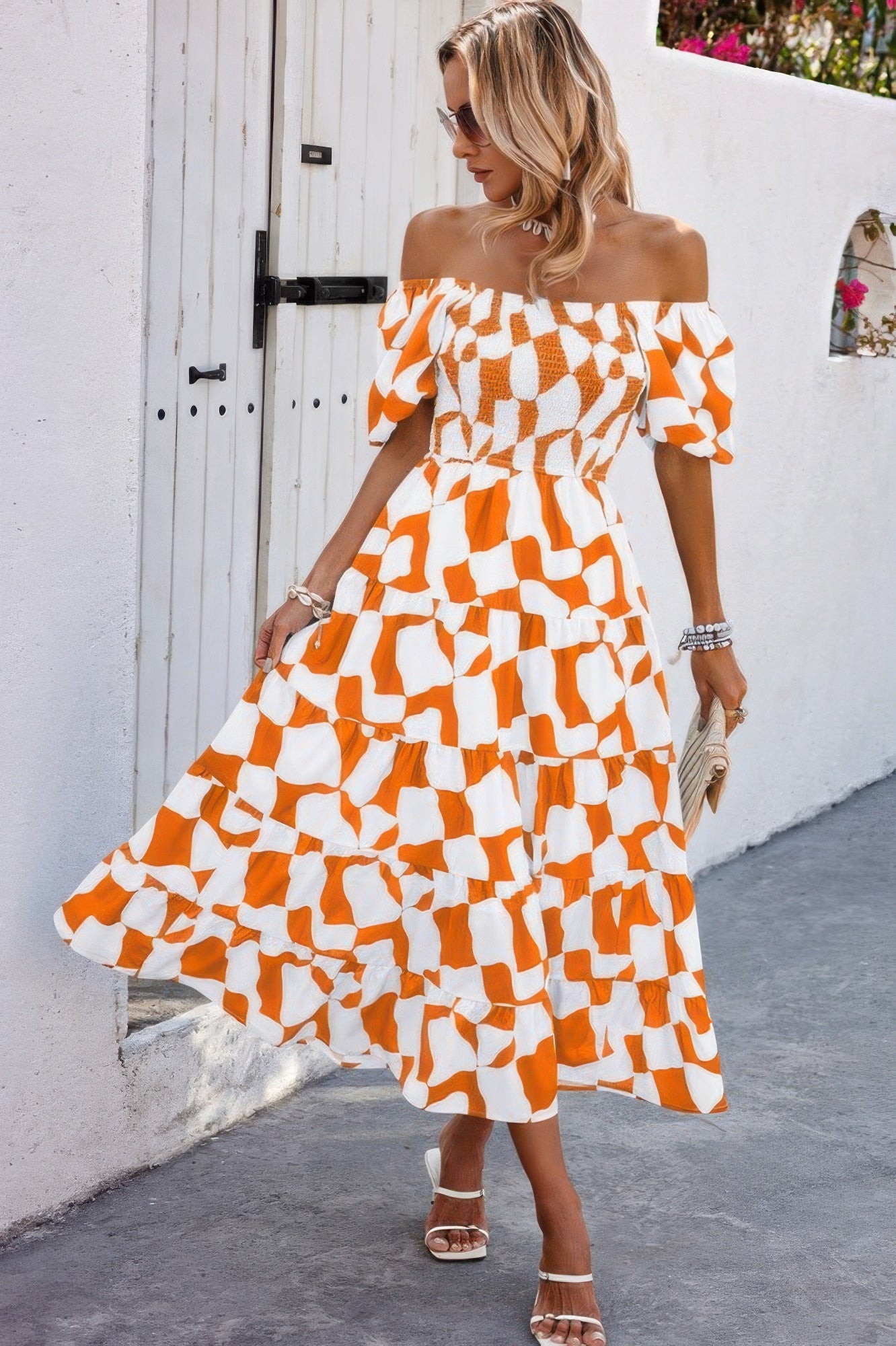 Allover Print Off Shoulder Ruched Ruffle Dress - All Season Fashion