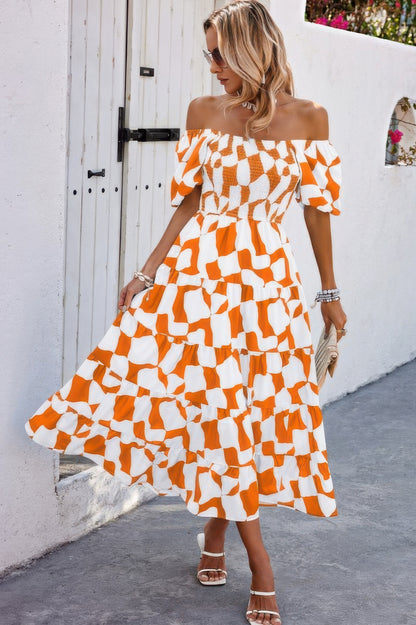 Allover Print Off Shoulder Ruched Ruffle Dress - All Season Fashion