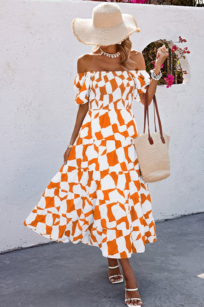 Allover Print Off Shoulder Ruched Ruffle Dress - All Season Fashion