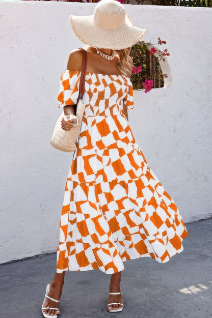 Allover Print Off Shoulder Ruched Ruffle Dress - All Season Fashion