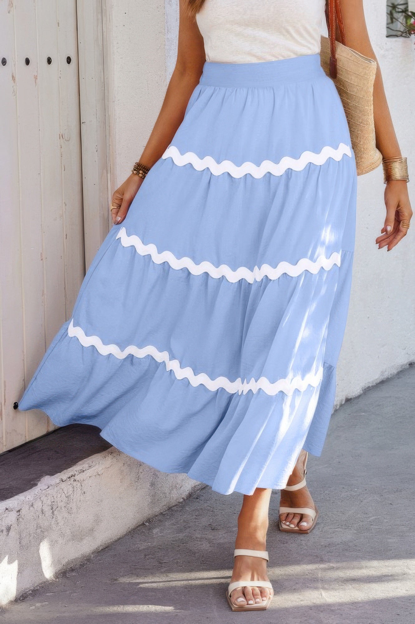Waves Print Pleated Elastic Waist Band Skirt - All Season Fashion