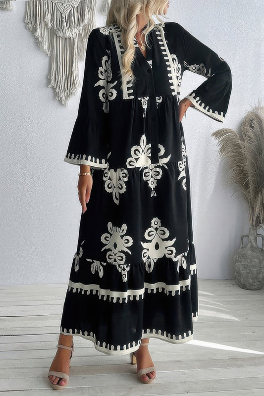 V Neck Stand Collar Button Floral Splicing Dress - All Season Fashion