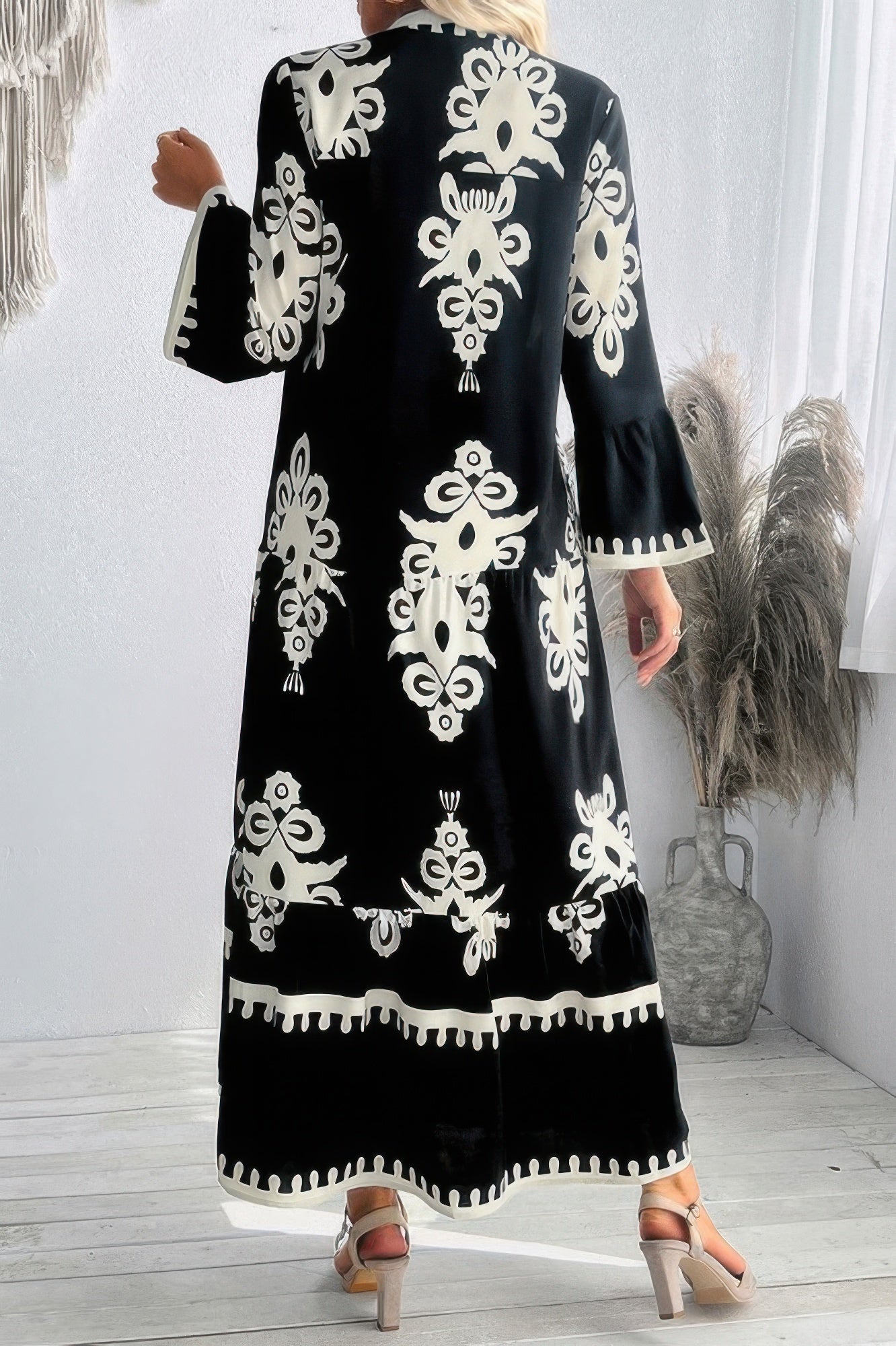 V Neck Stand Collar Button Floral Splicing Dress - All Season Fashion