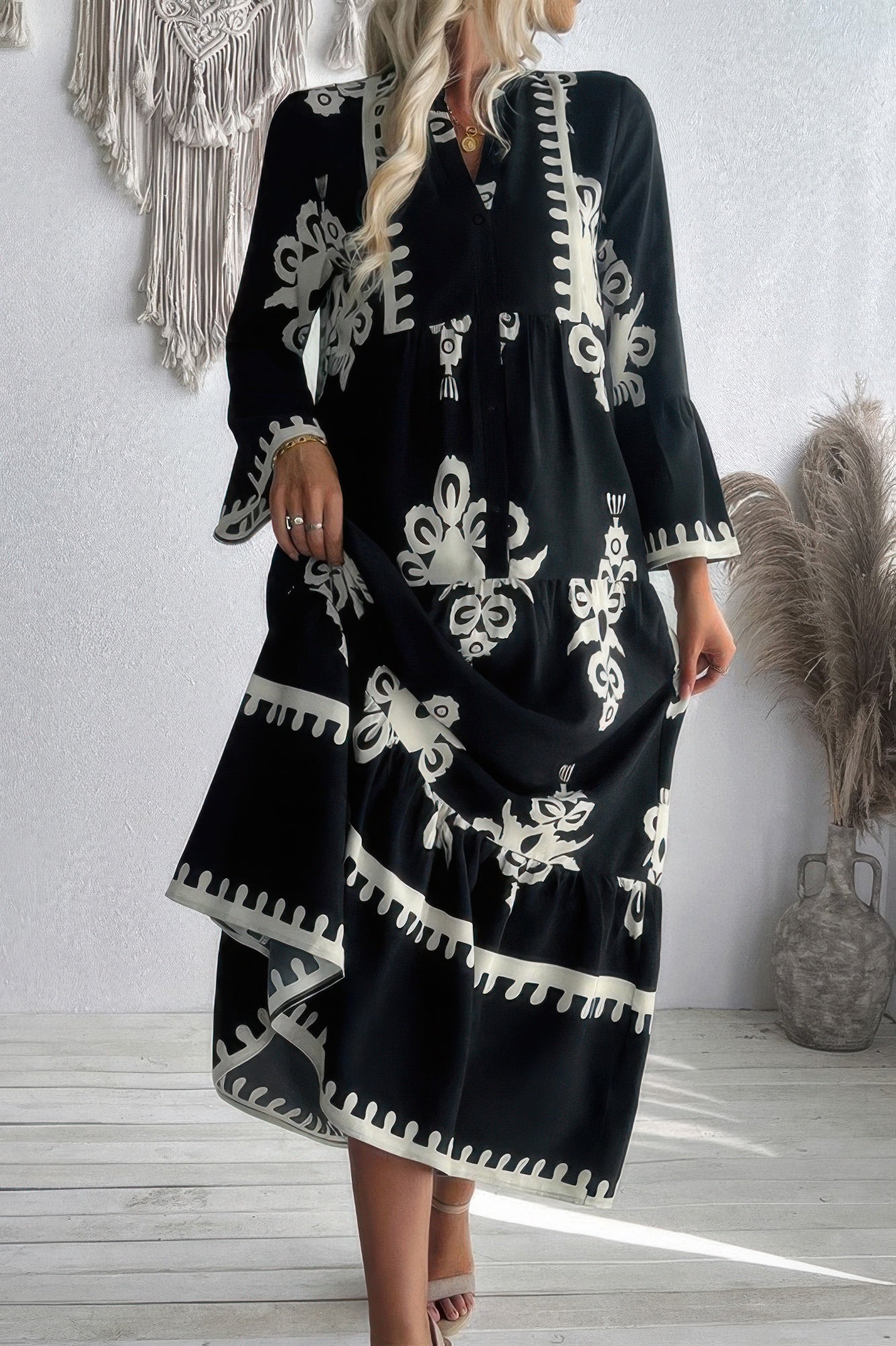V Neck Stand Collar Button Floral Splicing Dress - All Season Fashion