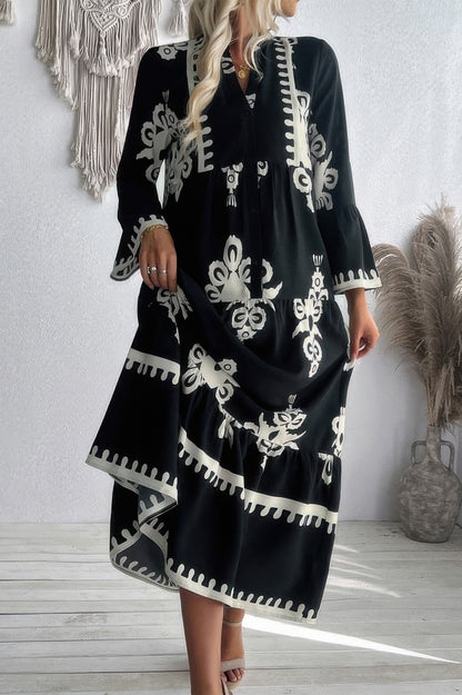 V Neck Stand Collar Button Floral Splicing Dress - All Season Fashion