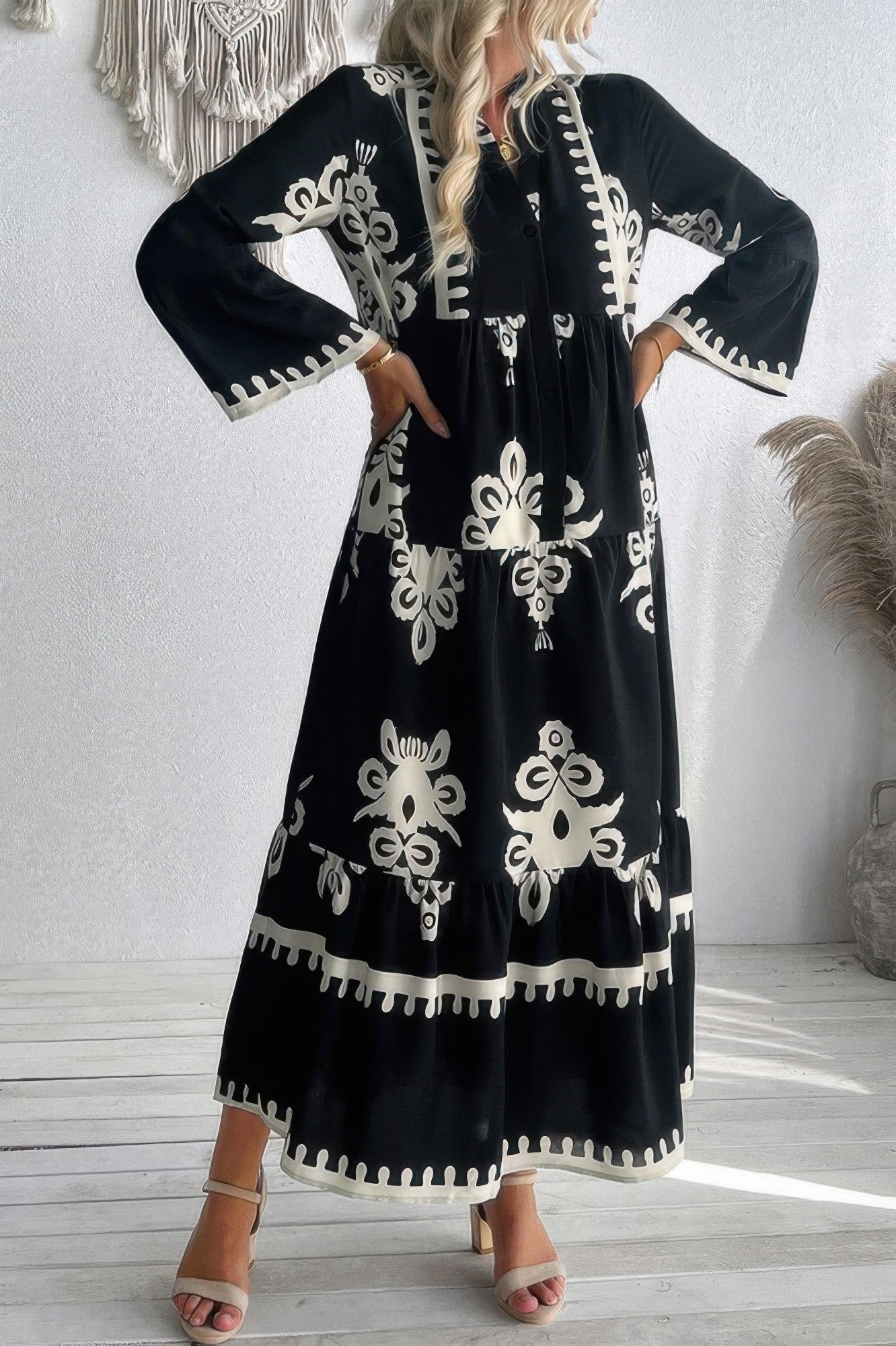 V Neck Stand Collar Button Floral Splicing Dress - All Season Fashion