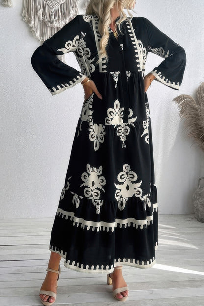 V Neck Stand Collar Button Floral Splicing Dress - All Season Fashion