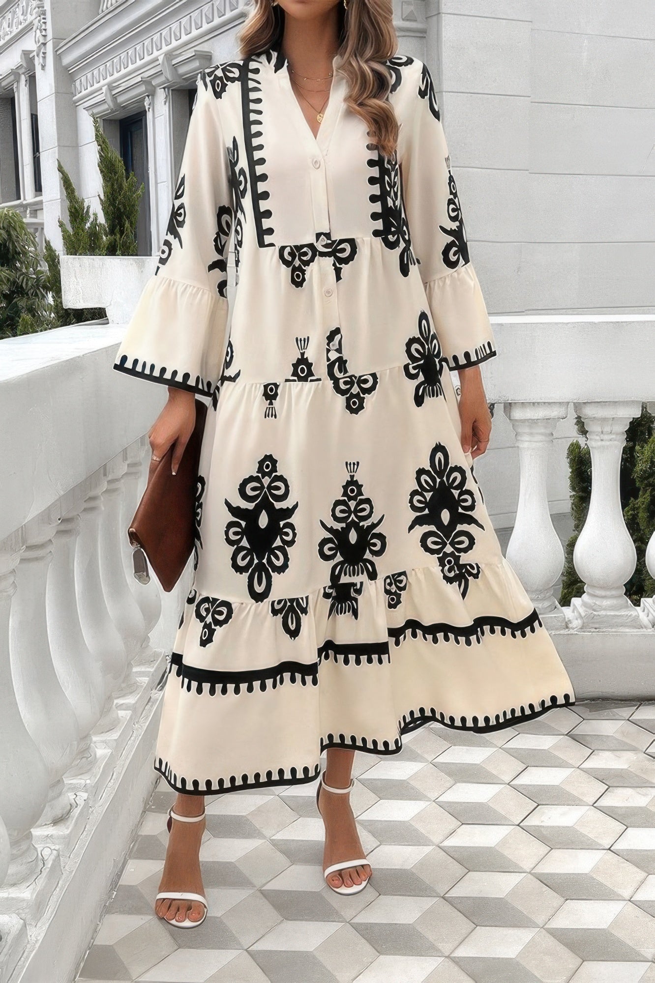 V Neck Stand Collar Button Floral Splicing Dress - All Season Fashion