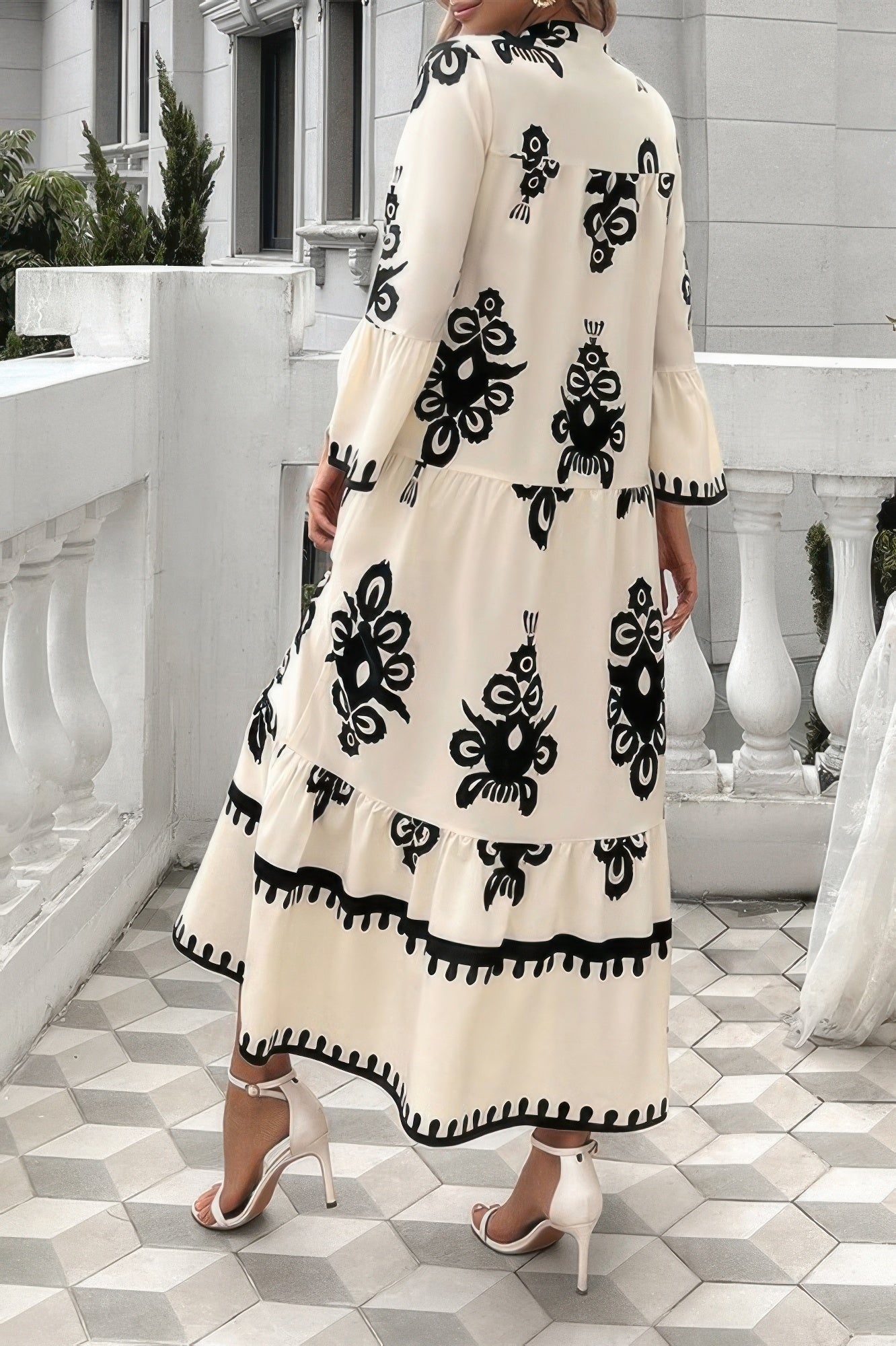 V Neck Stand Collar Button Floral Splicing Dress - All Season Fashion