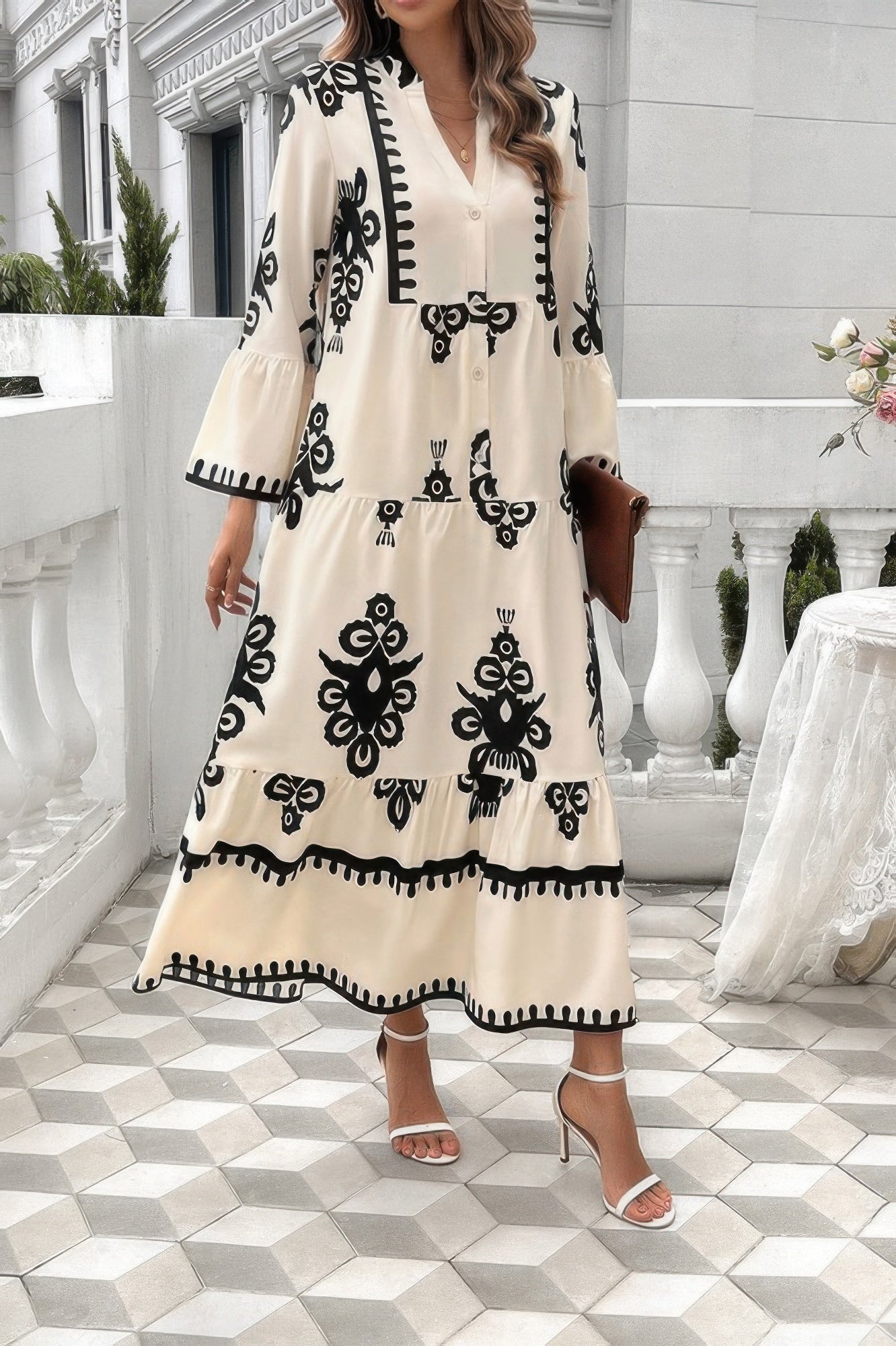 V Neck Stand Collar Button Floral Splicing Dress - All Season Fashion