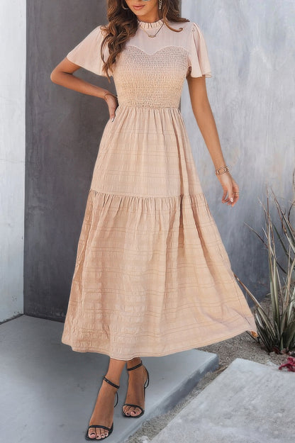 Ruffle Sleeve And Hem Top Shirred Crew Neck Dress - All Season Fashion