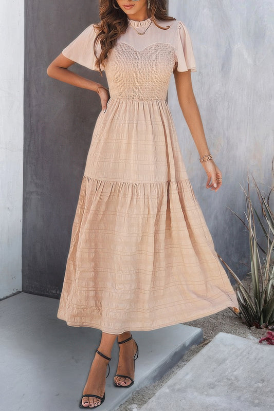 Ruffle Sleeve And Hem Top Shirred Crew Neck Dress - All Season Fashion