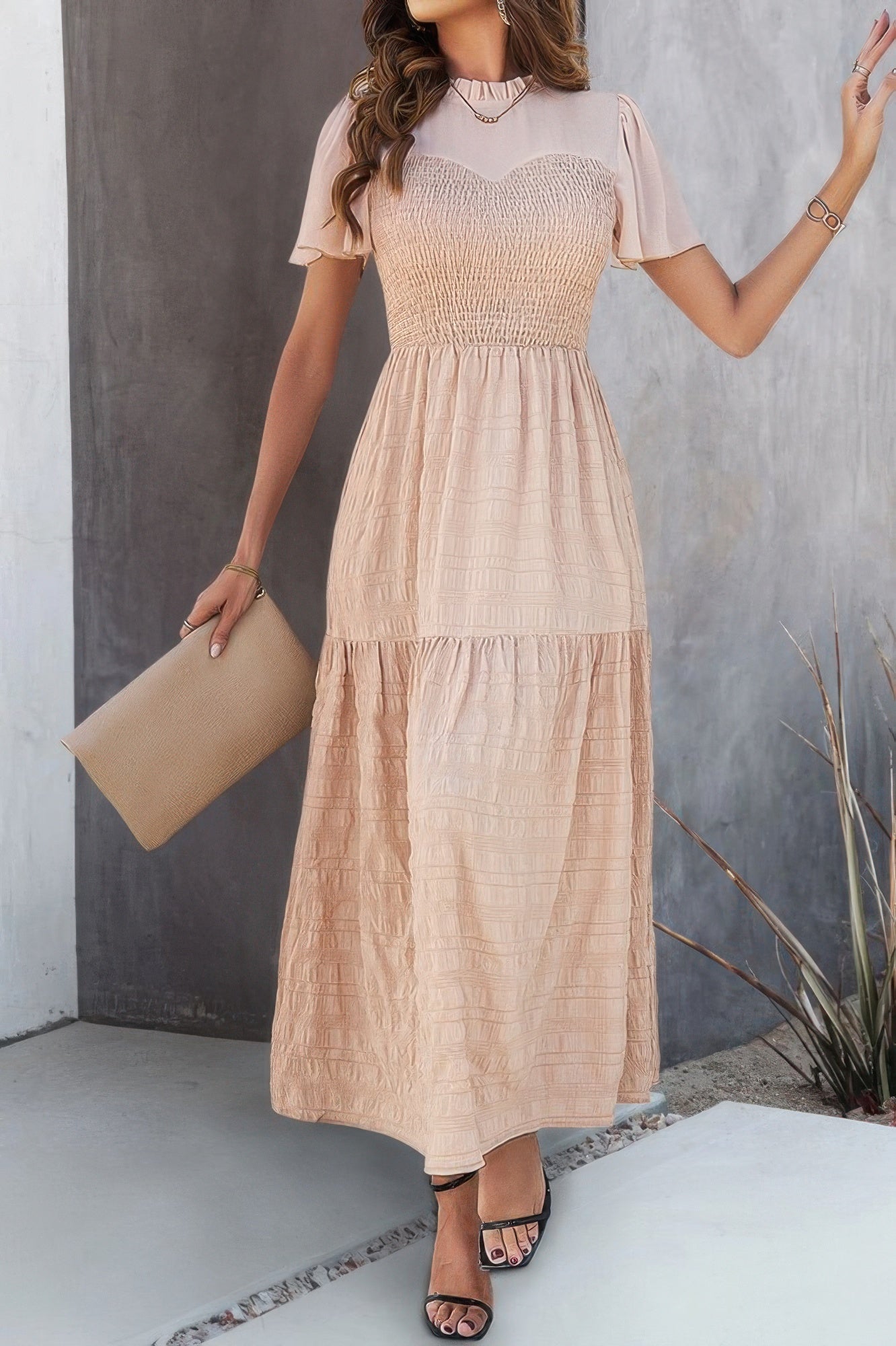 Ruffle Sleeve And Hem Top Shirred Crew Neck Dress - All Season Fashion
