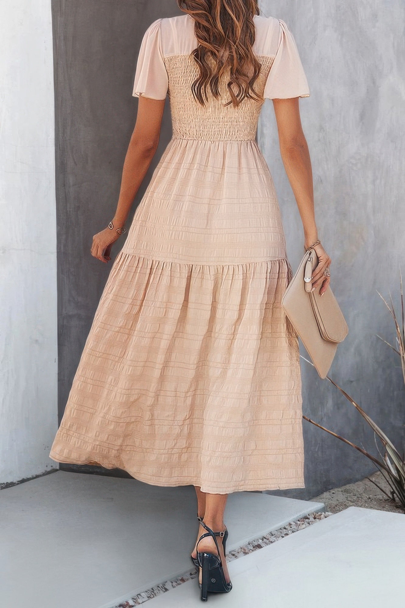 Ruffle Sleeve And Hem Top Shirred Crew Neck Dress - All Season Fashion