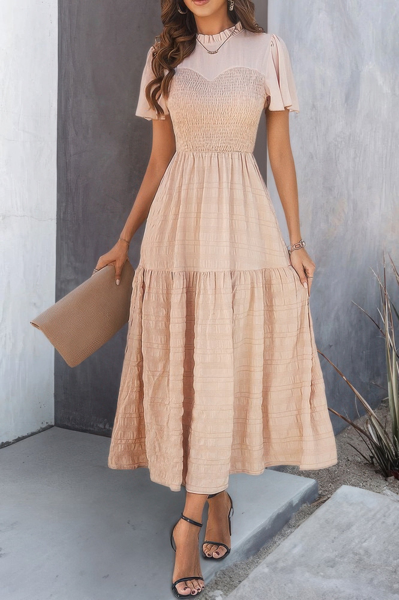 Ruffle Sleeve And Hem Top Shirred Crew Neck Dress - All Season Fashion