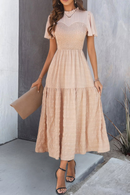 Ruffle Sleeve And Hem Top Shirred Crew Neck Dress - All Season Fashion
