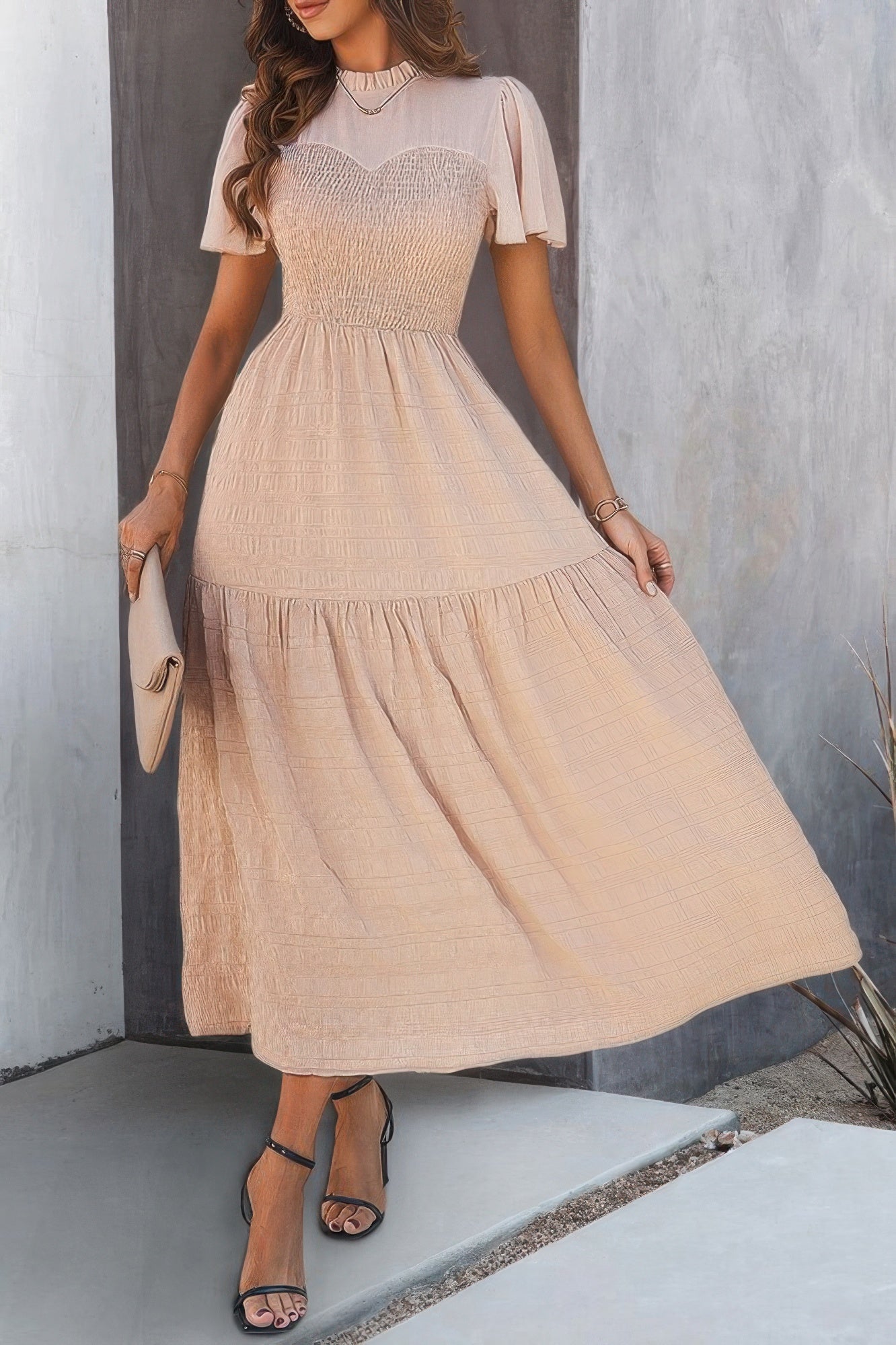 Ruffle Sleeve And Hem Top Shirred Crew Neck Dress - All Season Fashion