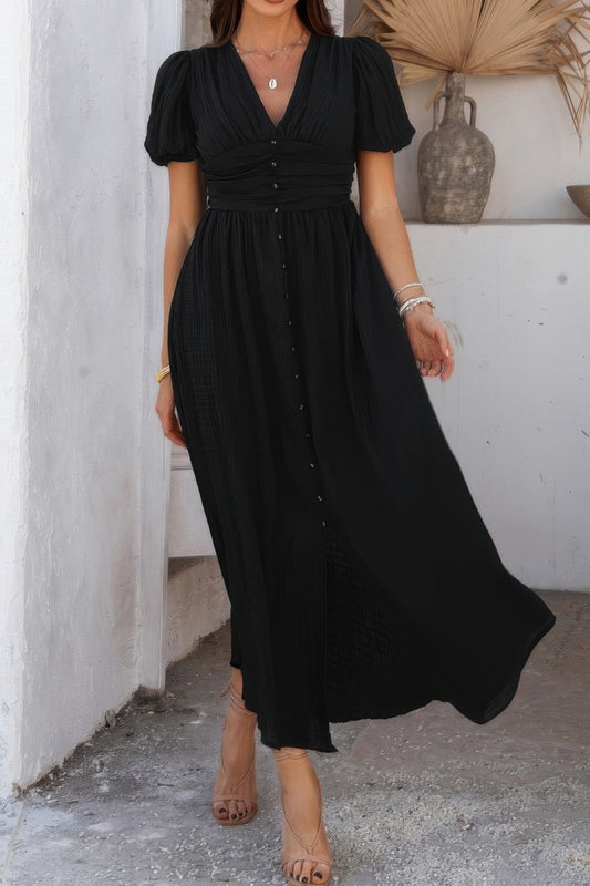 Solid V Neck Puff Sleeves Solid Knot Detail Dress - All Season Fashion