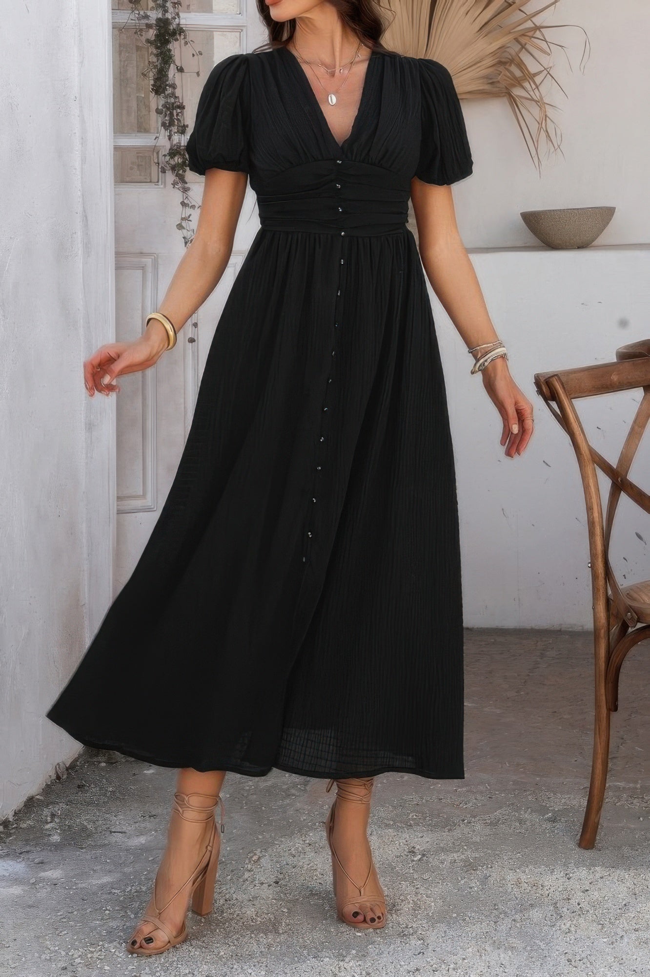 Solid V Neck Puff Sleeves Solid Knot Detail Dress - All Season Fashion