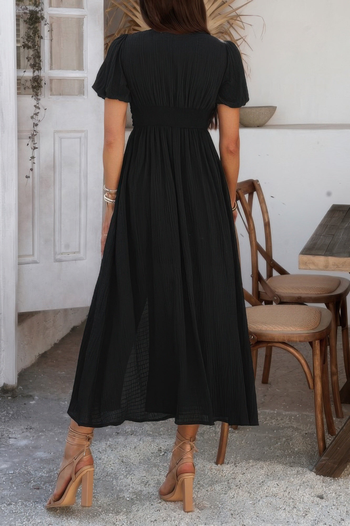 Solid V Neck Puff Sleeves Solid Knot Detail Dress - All Season Fashion